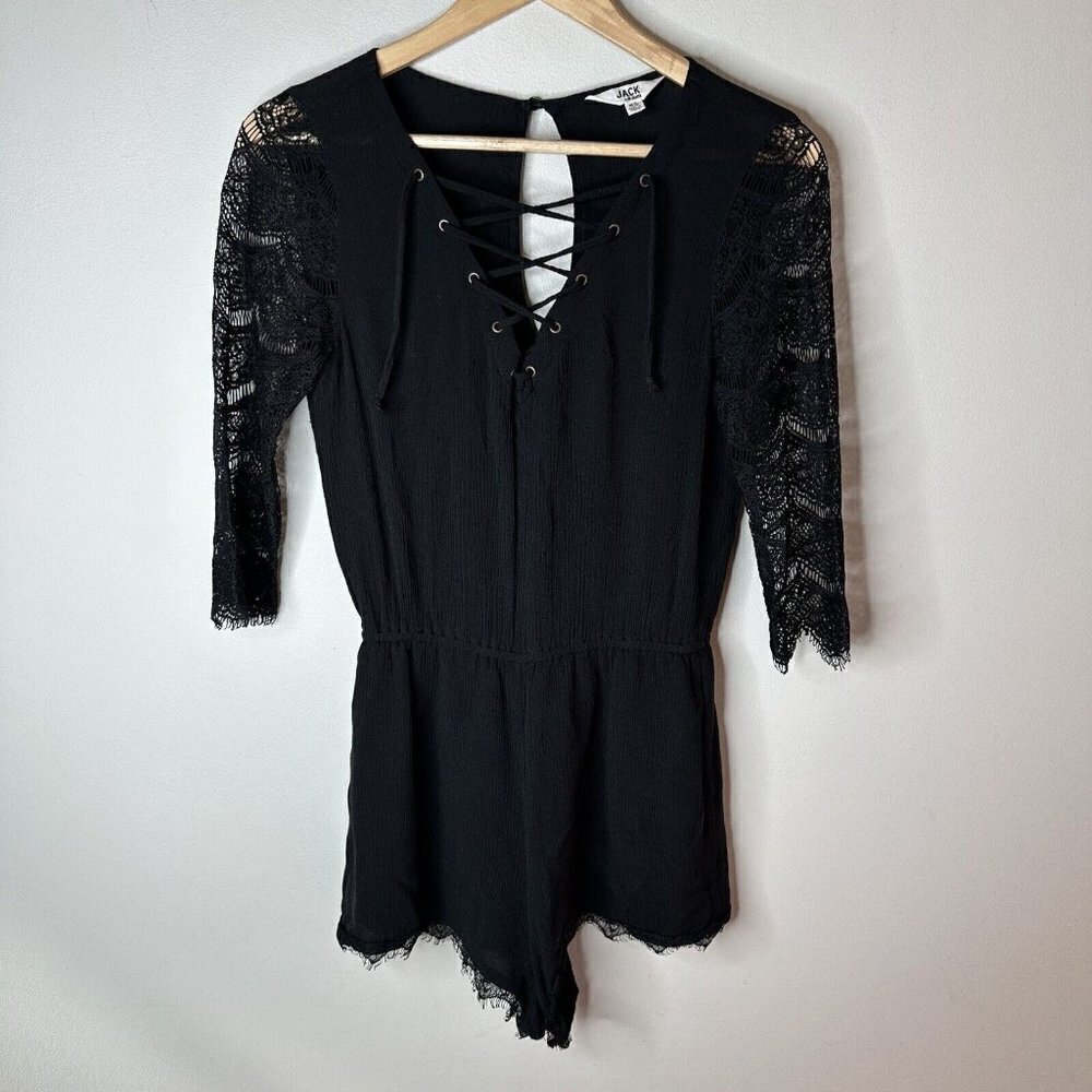 Jack by BB Dakota Black Unlined Tie Close Lace 3/4 Sleeve Shorts Romper Size XS